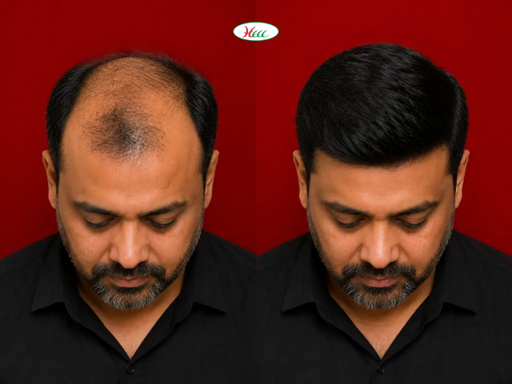 Hair Bonding Before and After - Male Crown Baldness to Full Natural Hair Using Adhesive Bonding at Hair Care City Centre Beauty Clinic Coimbatore